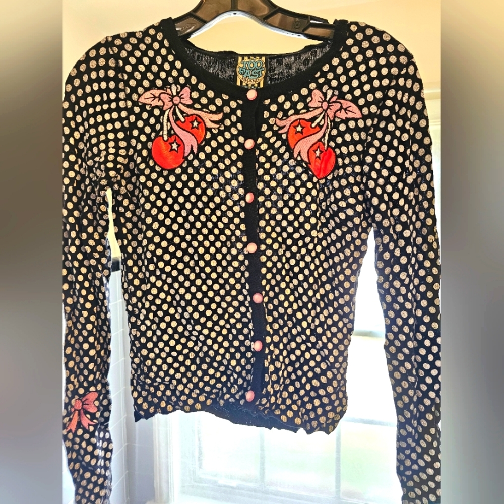 TOO FAST Cirque Couture Rockabilly cherry sweater polka dorl Like New! Size Med